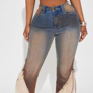 Current Mood Lace Up Faux Fur Bootcut Jeans - Medium Wash